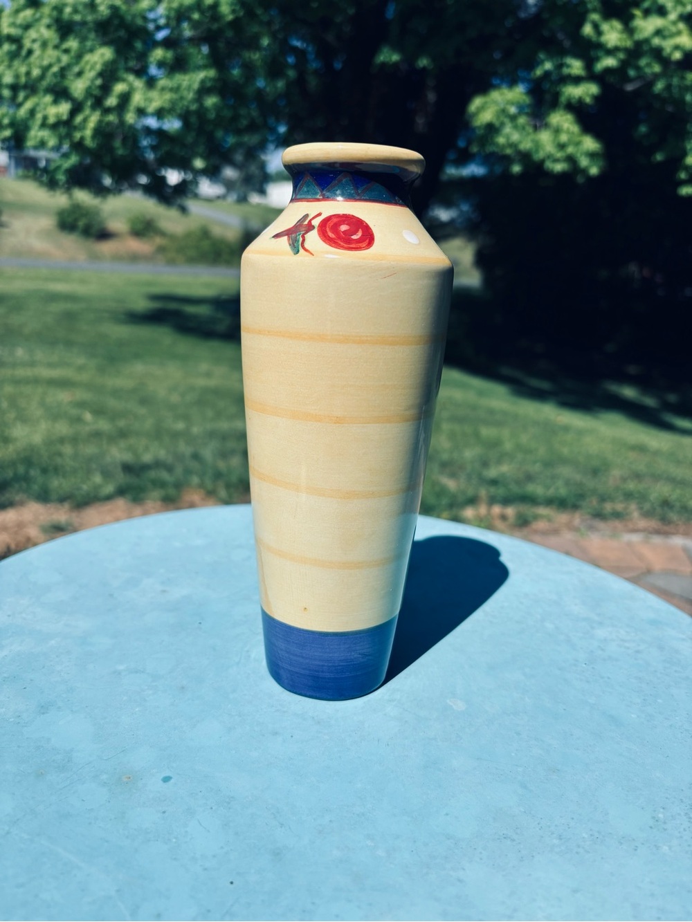 Hand-Painted Yellow Ceramic Bud Vase With Flowers & Blue Vase